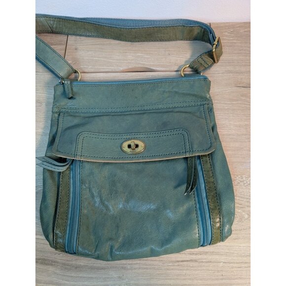 Fossil Long Live Vintage Green Leather Tote Bag Crossbody Bag Purse Key - Picture 2 of 6